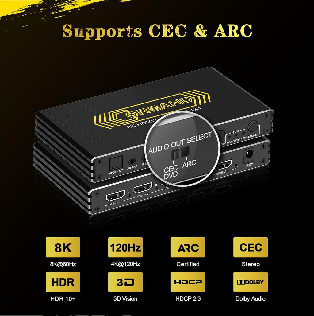 4K@120Hz HDMI 2.1 Switch 4 in 1 Out with Audio Extractor,48Gbps,HDCP 2.3,HDR 10+,ARC,VRR,ALLM,CEC,IR Remote,Optical SPDIF 5.1Ch,AUX L/R 3.5mm 2.1Ch,HDMI Switcher 4x1,4 Port HDMI Selector