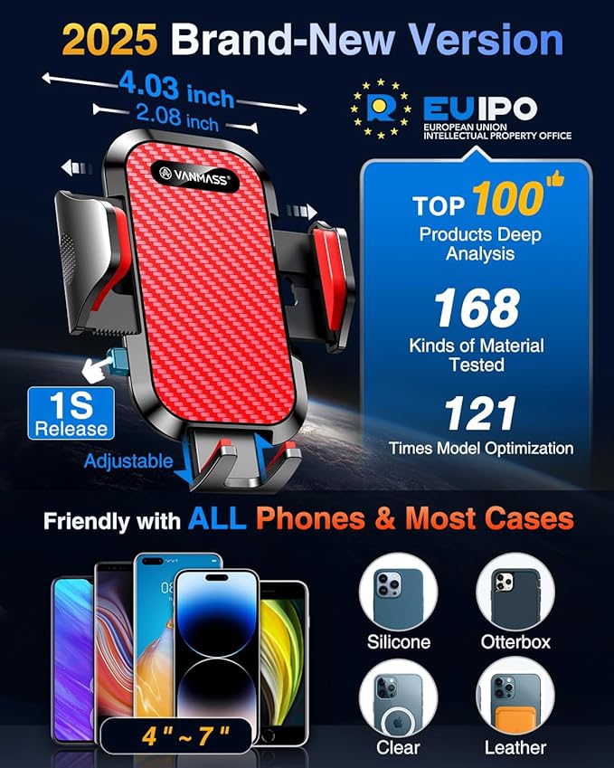 VANMASS Car Phone Holder Mount 2025 Upgraded [Patent Steel-Hook] Car Vent Phone Mount Clip Military-Grade Shockproof Cell Phone Car Mount Handsfree Truck Stand Vent Cradle for iPhone 16 Android,Red