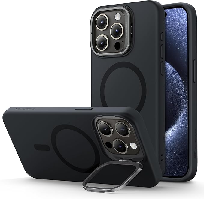 ESR for iPhone 15 Pro Max Case, MagSafe Silicone Case with Stand, Military-Grade Protection, Built-in Camera Stash Stand, Magnetic Phone Case for iPhone 15 Pro Max, Cloud Series, Black