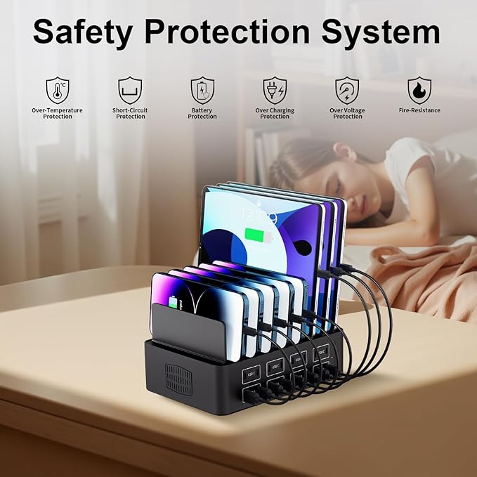 150W/35A Charging Station for Multiple Devices, 16 Port USB C Fast Charging Station with Adjustable Dividers - Organizer Charging Dock for Smartphone, iPad, Kindle, Tablet & More