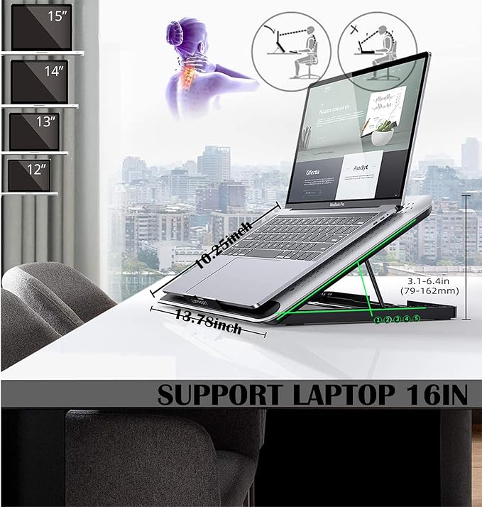 16inch Single Fan Lap Chill Mat - Aluminum Panel Laptop Cooling Pad, Heat Protection Laptop Cooler, Adjustable Foldable Long Stand, Fans Switch with dimmable-Speed, USB-A Connection Laptop Fan