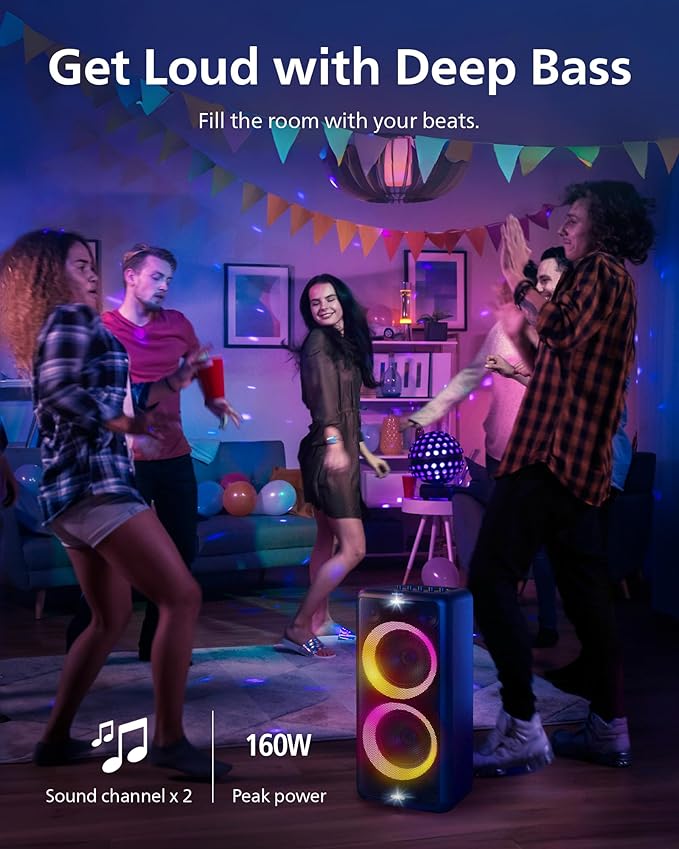 Philips X5206 bluetooth party speaker, portable with wheels, exciting light show, karaoke machine with microphone and Guitar Input, powerful bass & subwoofer, long playtime, perfect for outdoor events