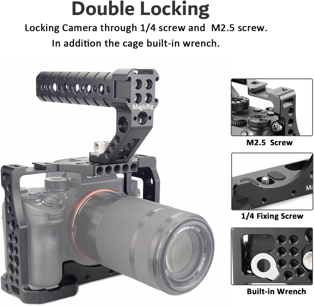 A7iii / A7riii Full Camera Cage Rig and ARRI Locating Top Handle,with 5 Cold Shoe Mounts, 1/4" & 3/8" ARRI Holes, for Sony A7III /A73 /A7RIII /A7R3 /A7M3(A7R Mark III/ILCE-7RM3)