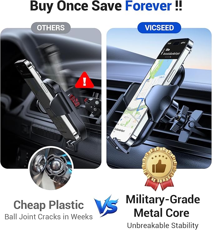 VICSEED Strong Suction Car Phone Holder [Ultra-Stable for Heavy Phones & Thick Cases] 3-in-1 Dashboard Windshield Vent Cellphone Mount, Military-Grade Truck Boat Cradle Universal for iPhone & Android