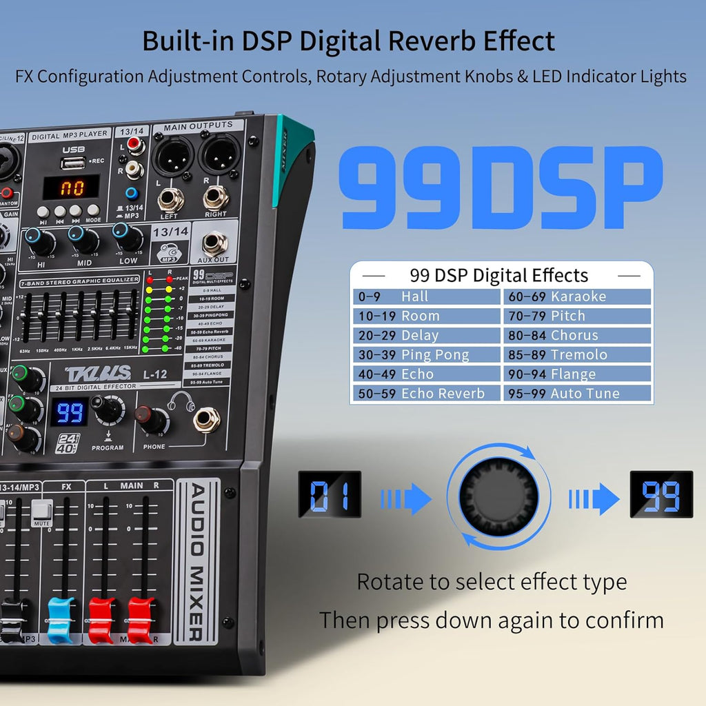 DJ Mixer, TKLBLS Professional 12 Channel Audio Mixer Board with 99-Bit DSP, Sound Board Mixing Console 7-Band EQ Output, USB Audio Interface, Bluetooth 48V Phantom Power For Karaoke Studio Streaming