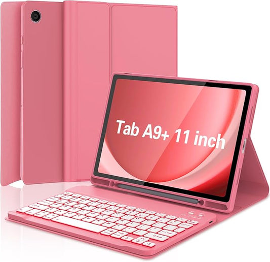 Keyboard Case for Samsung Galaxy Tab A9 Plus 5G 11 inch 2023 (SM-X210/X216/X218), 7 Color Backlit Detachable Keyboard Bluetooth, Smart Folio Cover with S Pen Holder for Galaxy Tab A9+ 11"(Dark Pink)