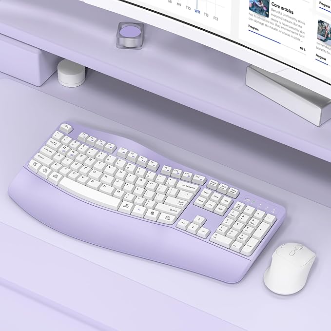 Ergonomic Wireless Keyboard and Mouse Combo, Wave Keys Keyboard with Wrist Rest for Natural Typing, 3 DPI Adjustable Ergonomic Silent Mouse for Computer/Laptop/Windows/Mac (Purple)