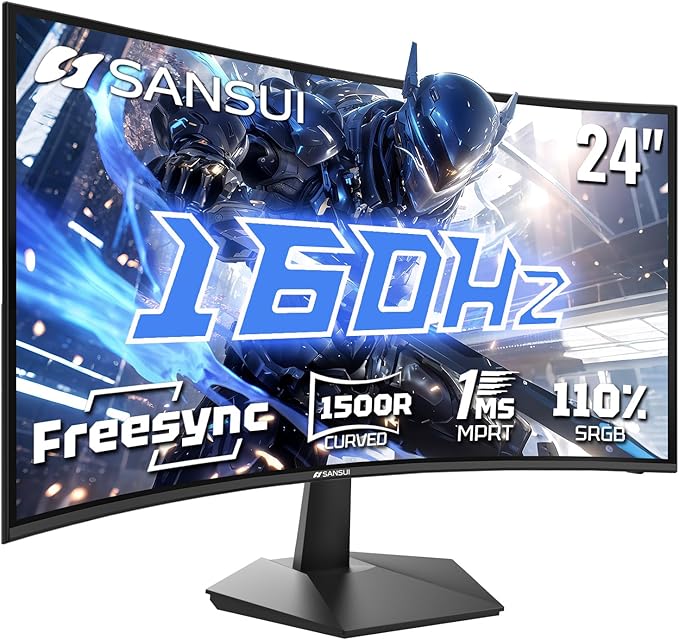 SANSUI Curved 24 Inch Gaming Monitor 160Hz FHD 1080P Computer Monitor,MPRT 1ms 1500R Fast VA Display, Freesync,HDR,3000:1 Contrast Ratio, HDMI2.0,DP1.4, VESA Compatiable(ES-G24C1L HDMI Cable Included)