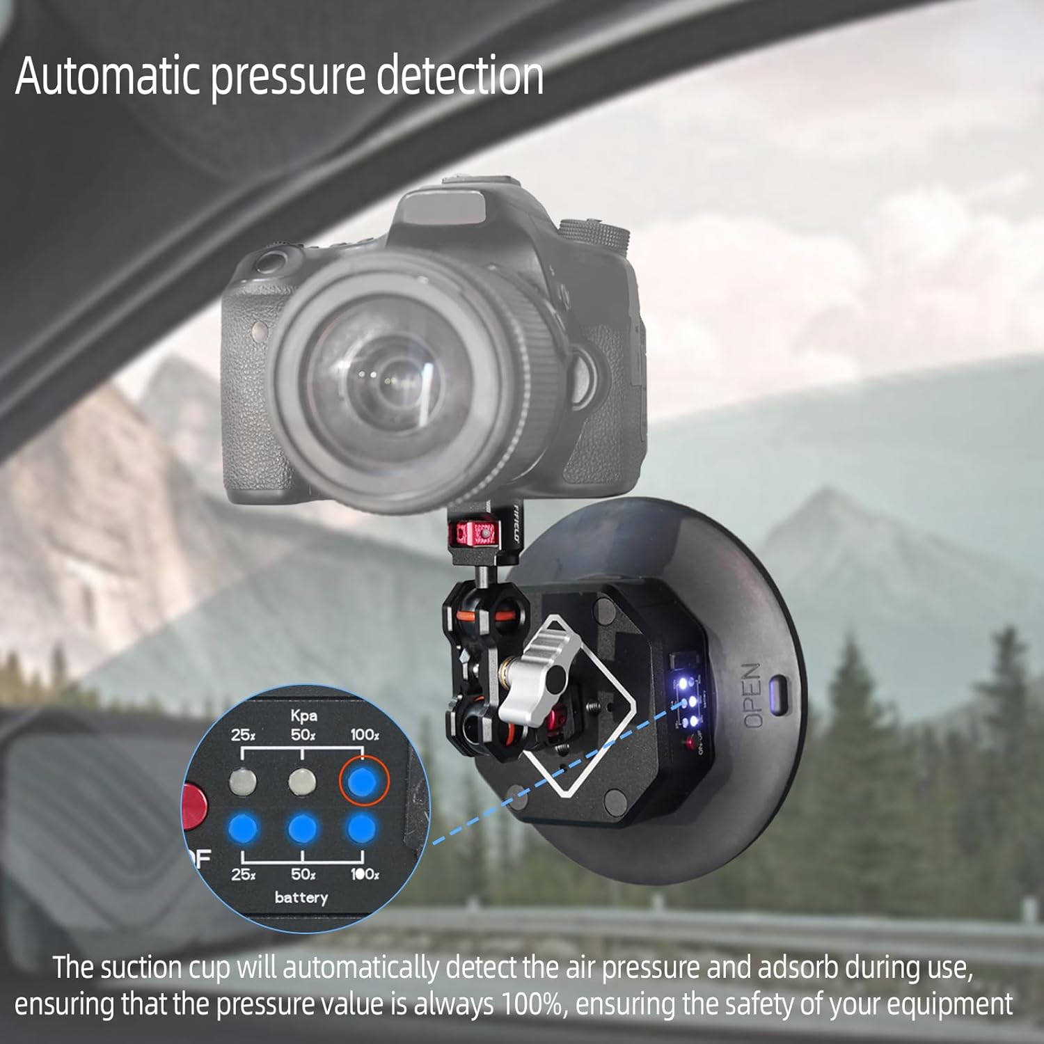 FIFIELD 6in Electric Auto Pump Suction Cup Camera Mount with Aluminum Ball Head Magic Arm, Automatic Air Pump Vacuum Cup, Quick Release Car Mount Compatible with DJI OSMO Pocket 3 Insta360 iPhone