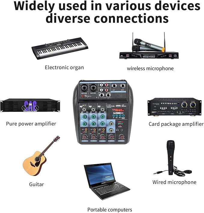 Dj Mixers 4 Channel Audio Mixer Sound Board with Bluetooth, Portable Usb Audio Interface with 48V Phantom Power Small Sounds Mixer Board with FX Delay Effect for Streaming