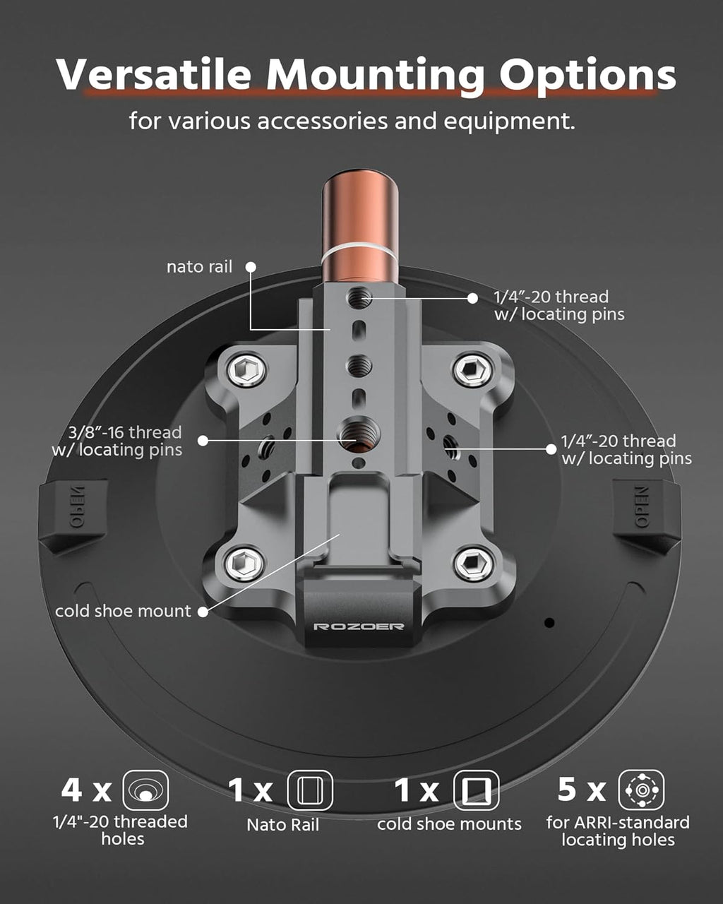 6" Suction Cup Camera Mount – Car, Windshield & Dash Cam Mount with Cold Shoe, NATO Rail, 1/4"-20 & 3/8-16 Threads (6”)