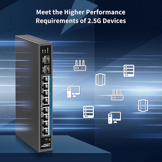10 Port 2.5Gb Unmanaged Ethernet Switch with 8* 2.5G Base-T Ports, 2* 10G SFP+ Ports. GiGaPlus 2.5Gbps Network Switch for 2.5Gbps NAS/PC, WiFi6 Router, Wireless AP. Fanless Design, Plug and Play