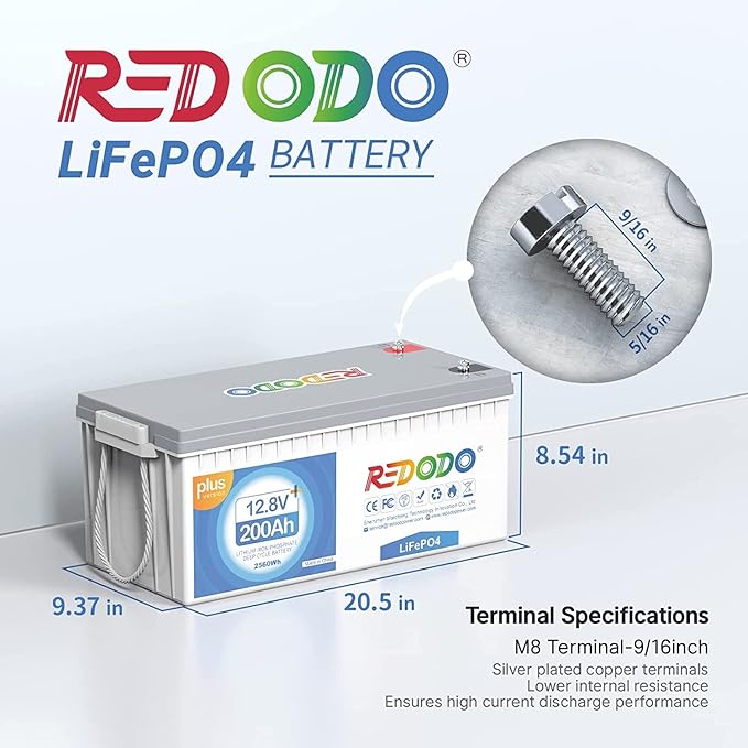 Redodo 12V 200Ah Plus Lithium Battery (Pack 4), Max 2560W Power Output, 200A BMS Protection, Up to 4000-15000 Deep Cycles,Perfect for Backup Power, RV, Marine, Off-Grid Application, etc
