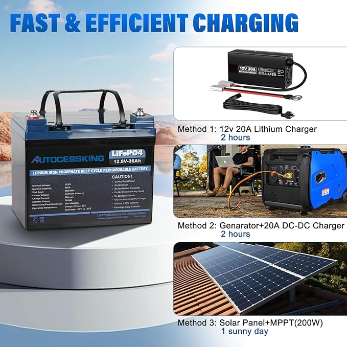 12V 36Ah LiFePO4 Battery, Built in BMS Rechargeable Lithium Battery with Low-Temp Protection, 4000+ Deep Cycles Perfect for Camping, Solar, Boat, Kids Scooters, Power Wheels (2 Packs)