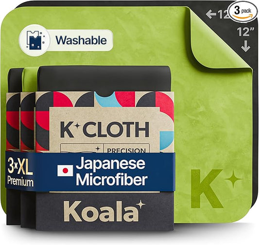 Koala Lens Cleaning Cloth | Japanese Microfiber | Glasses Cleaning Cloths | Eyeglass Lens Cleaner | Eyeglasses, Camera, VR/AR Headset, and Screen Cleaner | Black & Green (Pack of 3)