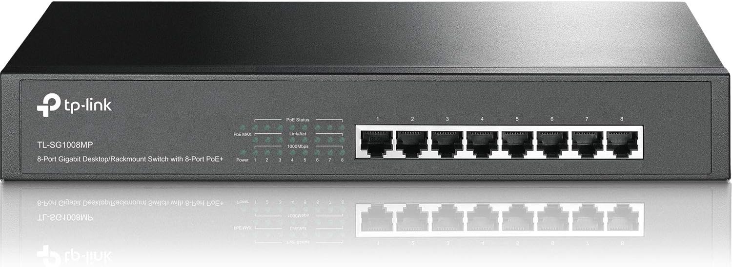 TP-Link 8 Port Gigabit PoE Switch | 8 PoE+ Ports @126W | Plug & Play | Limited Lifetime Protection | Desktop/ Rackmount | Prioritized Power Supply | Sturdy Metal | Shielded Ports (TL-SG1008MP)