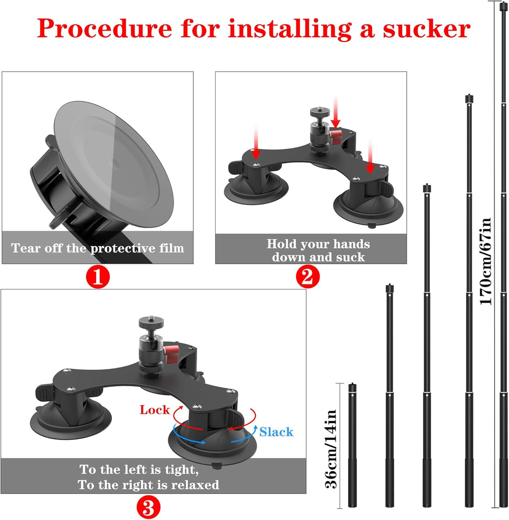 Taisioner Suction Car Mount for Camera Insta360 X5/X4/X3/X2/GO 3/ONE/RS Compatible with Gopro Max 360 Outside Car Mount with 67” Invisible Selfie Stick 5 in 1 Suction Camera kit for Action Camera