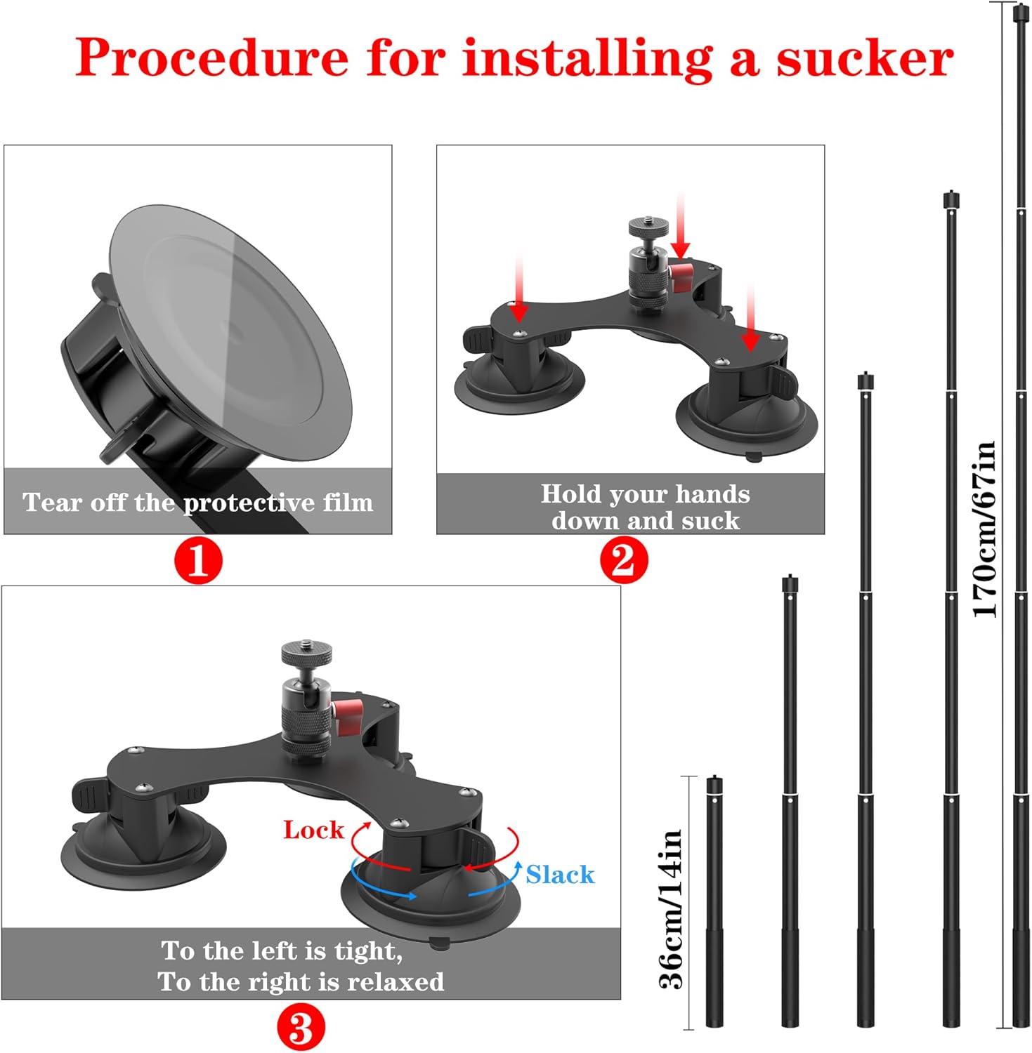 Taisioner Suction Car Mount for Camera Insta360 X5/X4/X3/X2/GO 3/ONE/RS Compatible with Gopro Max 360 Outside Car Mount with 67” Invisible Selfie Stick 5 in 1 Suction Camera kit for Action Camera