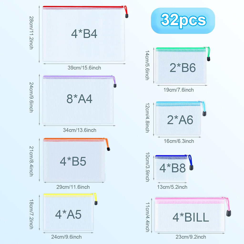 32pcs Mesh Zipper Pouch Bags, 8 Sizes, 8 Colors Zipper Pouches for Organizing, Board Game Storage, Travel, School Office