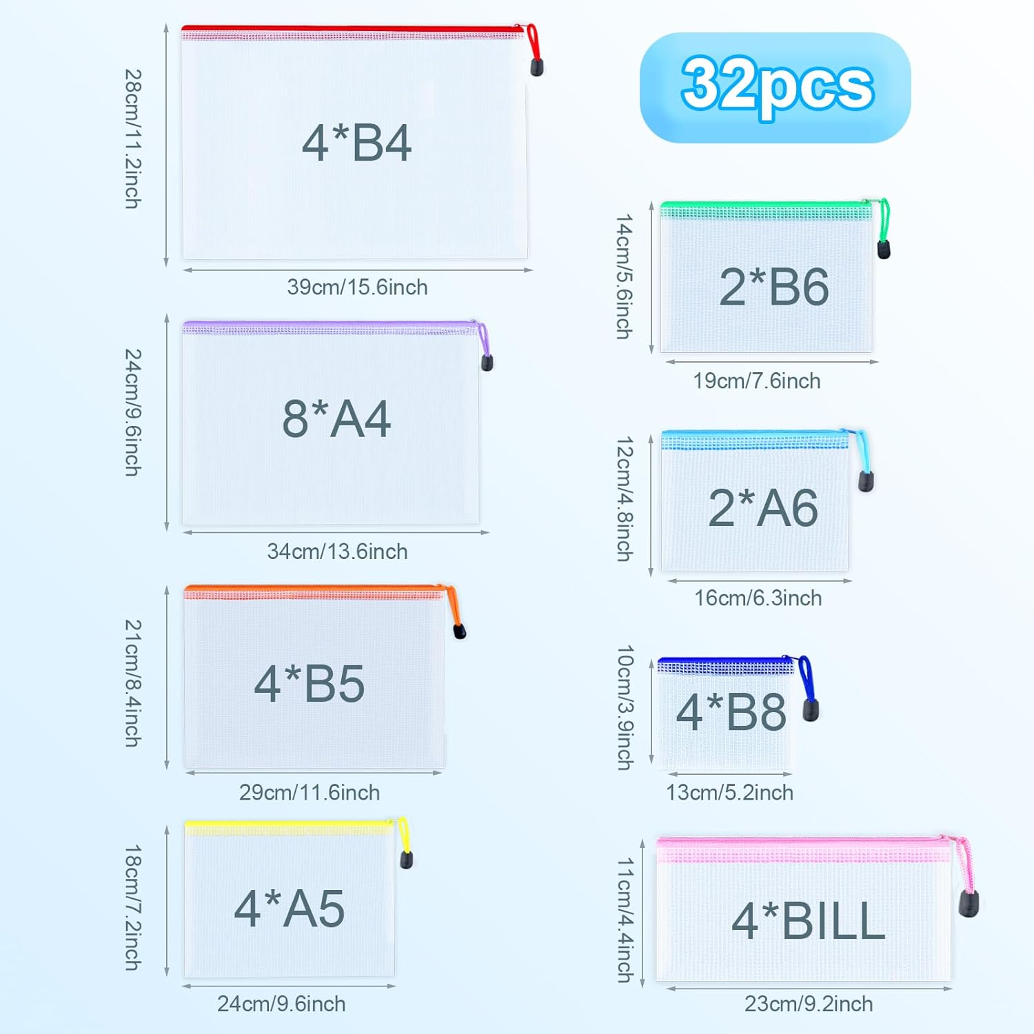 32pcs Mesh Zipper Pouch Bags, 8 Sizes, 8 Colors Zipper Pouches for Organizing, Board Game Storage, Travel, School Office