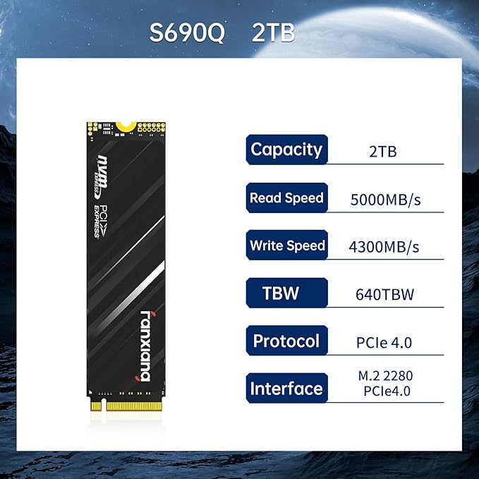2TB NVMe SSD PCIe Gen4 M.2 SSD for PS5, Up to 5000 MB/s, Internal Gaming 3D NAND SLC Cache Solid State Drive Upgrade Storage for PC/Laptops S690Q