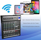 Dj Mixers 8 Channel Audio Mixer Sound Board with Bluetooth, Usb Audio Interface with 48V Phantom Power Sounds Mixer Board with FX Reverb Delay Effect for Streaming
