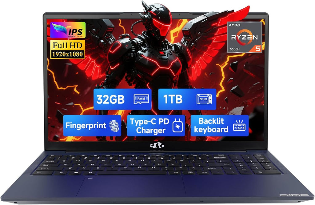 NIMO 15.6" IPS FHD-Gaming-Laptop, 6 Cores AMD Ryzen 5 6600H 32GB DDR5 RAM 1TB SSD (Beat i7-1165G7 up to 4.5GHz) 660M 6nm GPU-Computer with 100W Type-C Backlit Keyboard, Fingerprint