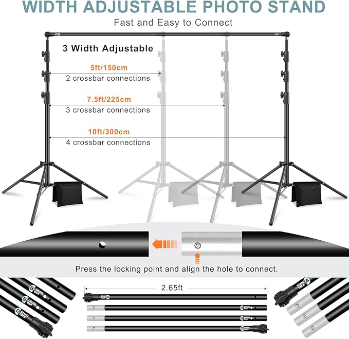 10.2x10Ft Heavy Duty Backdrop Stand, MSKIRA Adjustable Backdrop Support System Kit, Photoshoot Background Stand for Parties, Advertising Display with 6 Clamps, 4 Clips, 2 Sandbags, Carry Bag