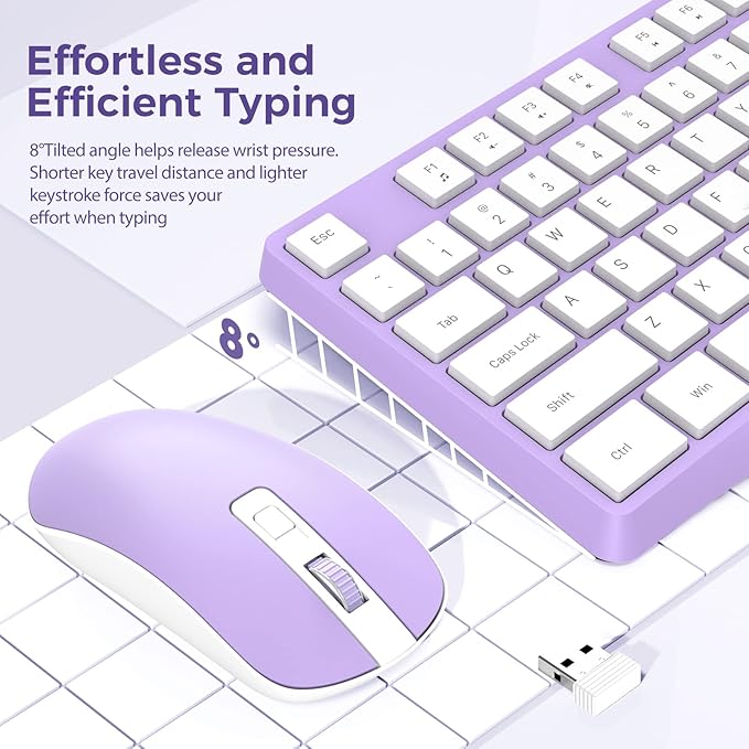 Wireless Keyboard and Mouse Combo, Lovaky 2.4G Full-Sized Ergonomic Keyboard Mouse, 3 DPI Adjustable Cordless USB Keyboard and Mouse, Quiet Click for Computer/Laptop/Windows/Mac (1 Pack, Purple)