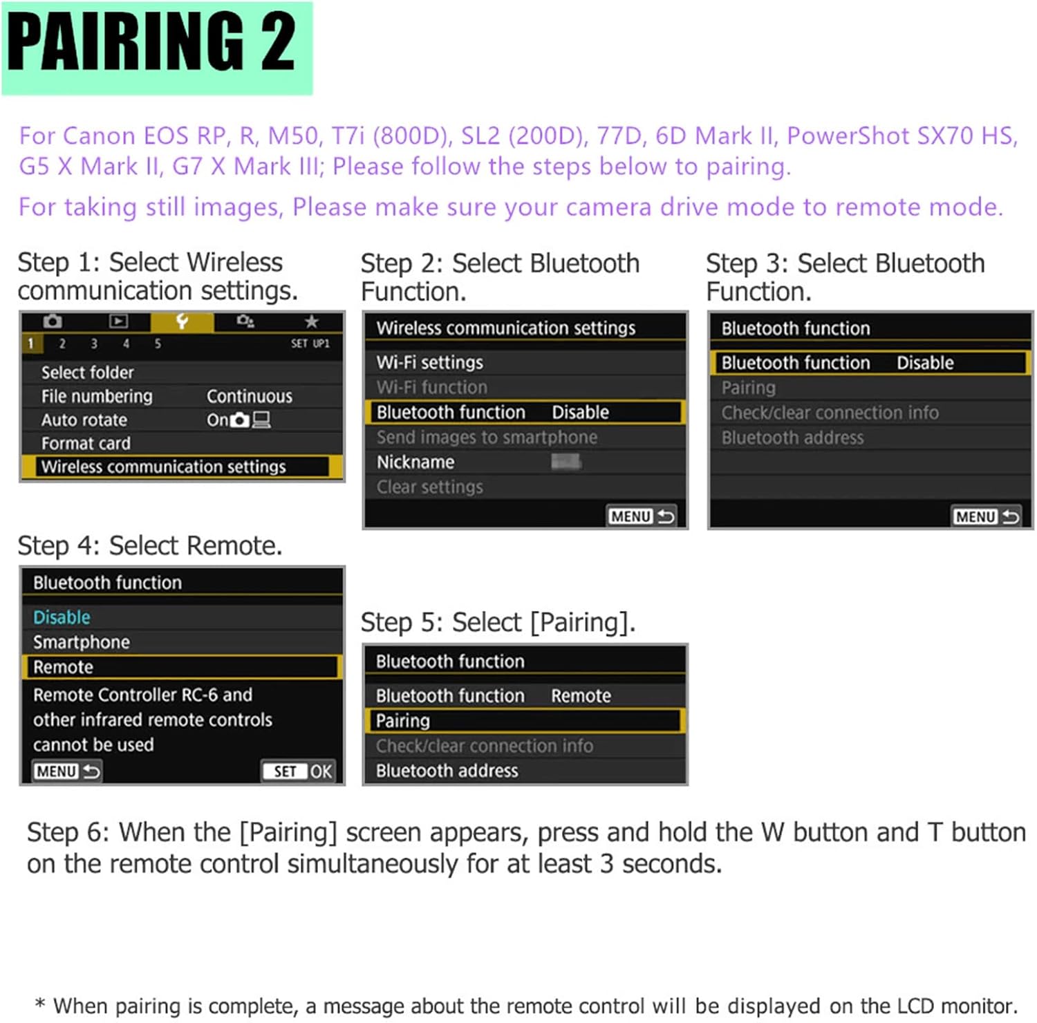 Wireless Camera Remote Shutter Release for Canon R3/ R7/ R10/ M50/ EOS M6 Mark II/R/RP /90D /6D Mark II /R5/ R6 /800D /850D /250D/Rebel SL2 /T7i /G5 X Mark II /G7 X Mark III, Replace Canon BR-E1