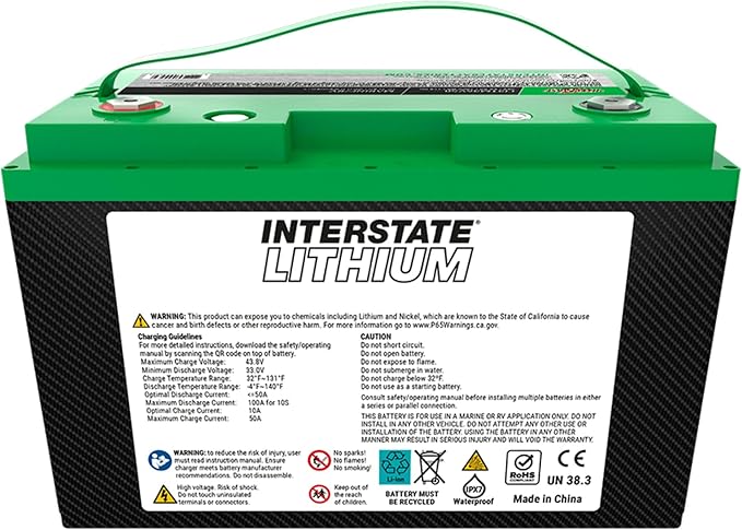 Interstate Batteries 36V 50Ah Group Size 31M Lithium Marine/RV Deep Cycle LiFePO4 Battery, Maintenance Free, Lightweight, Ideal For Boats, Trolling Motors, RV Camping, Off-Grid, Yachts (Li31M36V50)