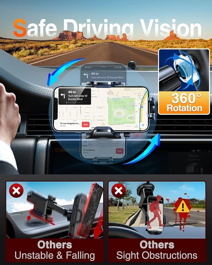 VANMASS Car Phone Holder Mount 2024 Upgraded [Patent Steel-Hook] Car Vent Phone Mount Clip Military-Grade Shockproof Cell Phone Car Mount Handsfree Truck Stand Vent Cradle for iPhone 15 Android,Grey