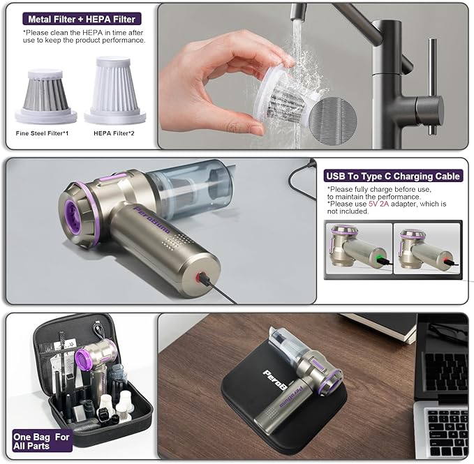 PeroBuno Electric Air Duster, Mini Vacuum Cleaner Cordless, 2-in-1, 200000RPM, 35mins Runtime, Rechargeable Outdoor Blower with 3 Gear for Car Computer Keyboard Cleaning