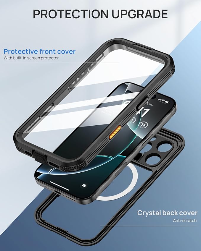 Lanhiem Magnetic for iPhone 16 Pro Max Case, IP68 Waterproof Dustproof Case, [Compatible with Magsafe] [Built-in Screen Protector] Full Body Heavy Duty Rugged Phone Cover 6.9 inch, Black/Clear