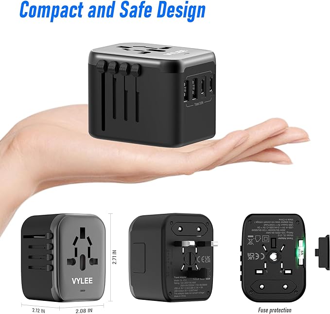 Universal Travel Adapter, VYLEE 5 in 1 International Power Adapter, 3.5A 2xUSB-A and 2xUSB C Wall Charger, Worldwide Travel Essentials Plug for Europe USA UK AUS Asia (Black Grey)