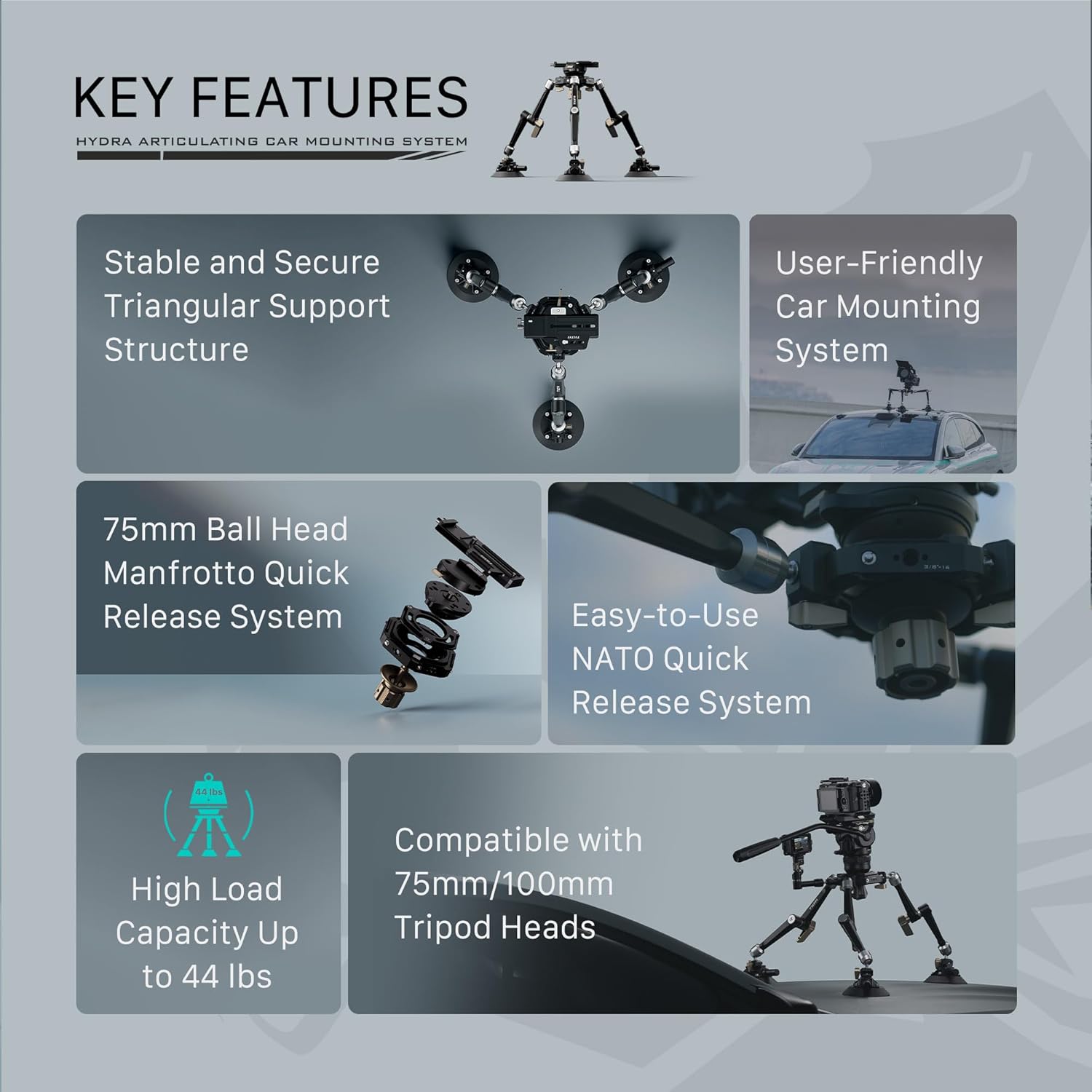 Tilta Hydra Articulating Car Mounting System | Supports 75mm & 100mm Tripod Heads | Heavy Duty | Mount via Manfrotto & Arca | Optional Electronic Suction Cups | Stable & Secure