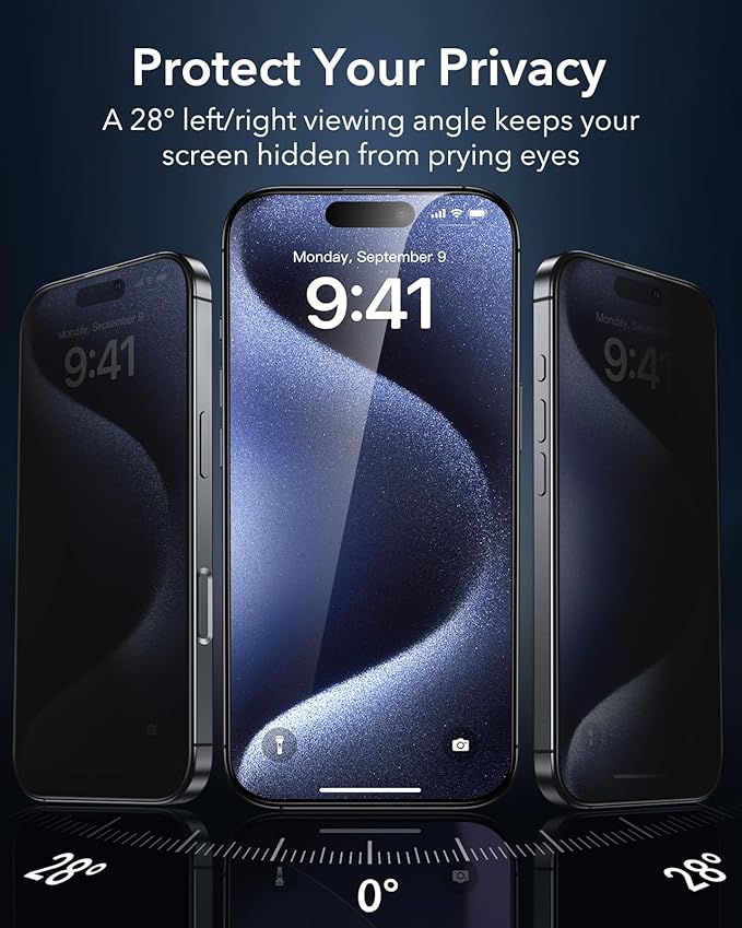 ESR 3 Pack for iPhone 15 Pro Privacy Screen Protector, Anti-spy Tempered-Glass Privacy Screen Protector with Flawless Fit Tray, Micro-curved Edges, Case Friendly