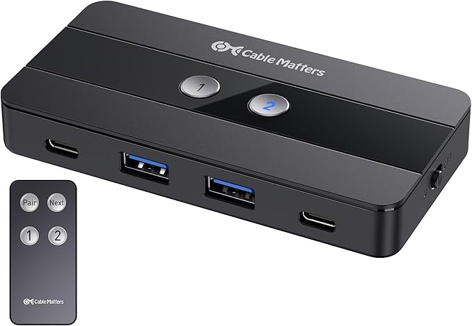 Cable Matters USB C Switch for 2 Computers with Remote Control, 10Gbps Data Transfer, Shares 2X USB-A and 2X USB-C Peripherals (Keyboard, Mouse, Printer, SSD), Data Only - No Video, No Host Charging