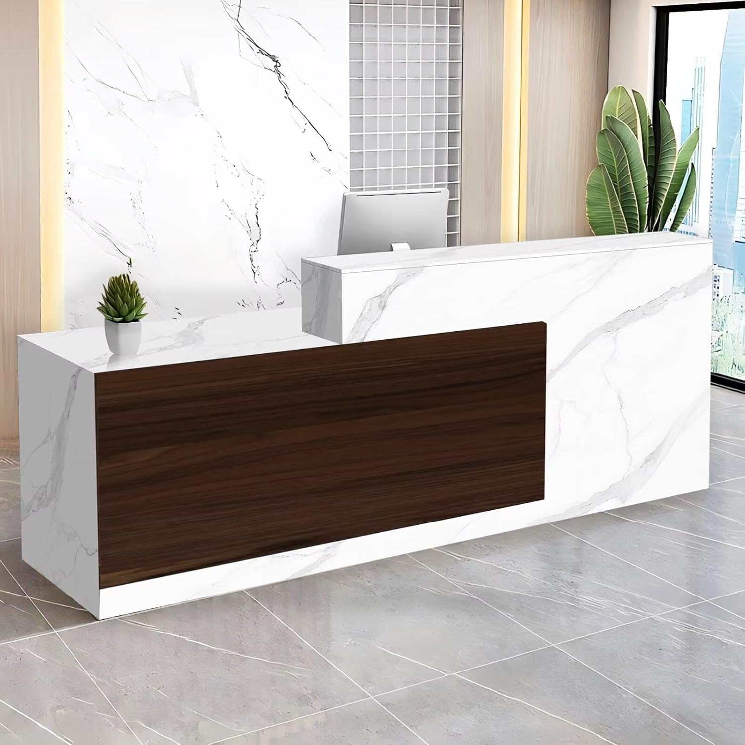 Reception Desk with Counter Modern Checkout Counter with Lockable Drawer Keyboard Tray Receptionist Desk for Office Salon Reception Table L Left 59inch/150cm