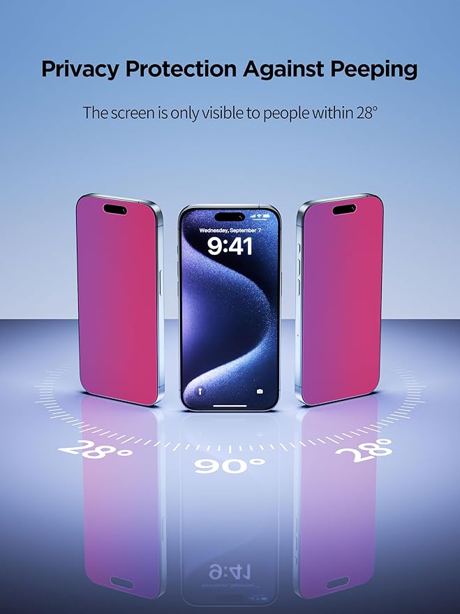 Compatible for iPhone 15/iPhone 16 Privacy Screen Protector Tempered Glass 6.1 Inch, Pink Gradient Anti Spy Anti Blue Light HD Easy Installation