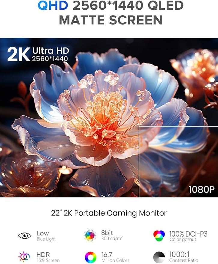 UPERFECT 22" 2K QLED Portable Touchscreen Monitor w/VESA & 180° Adjustable Stand, 2560×1440 QHD FreeSync HDR, 100% DCI-P3 Color, USB-C HDMI Travel Second Monitor for Laptop, Switch, Phone