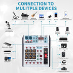 6 Channel Audio Mixer Professional Sound Board Console w/99 DSP Effects 48V Phantom Power Bluetooth USB Interface Stereo DJ Mixer Board for Karaoke Live Performance DJ Stage