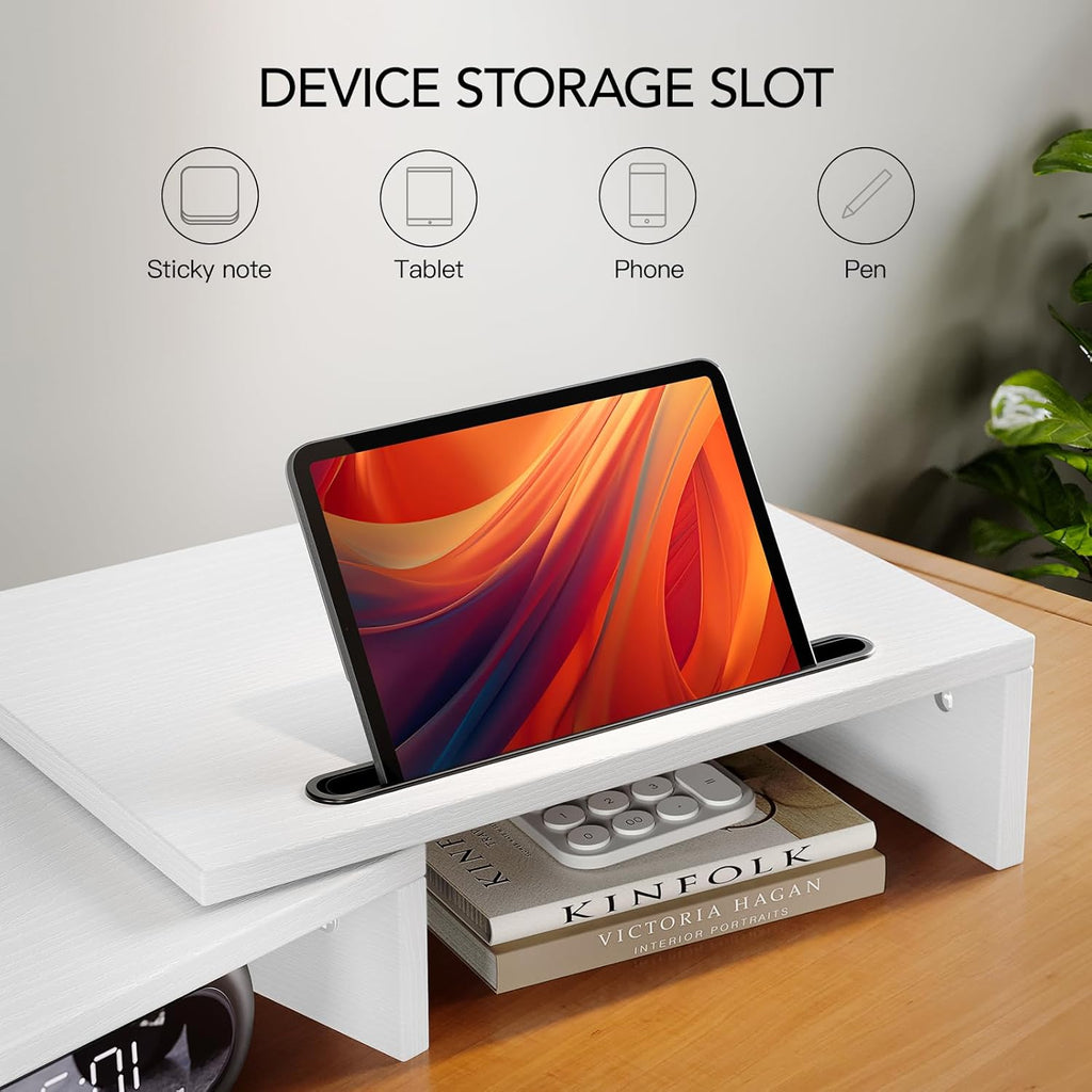 AMERIERGO Dual Monitor Stand Riser- 3 Shelf Screen Stand with Adjustable Length and Angle, 2 Extra Functional Slot Desktop Organizer Stand for PC, Computer, Laptop (White)