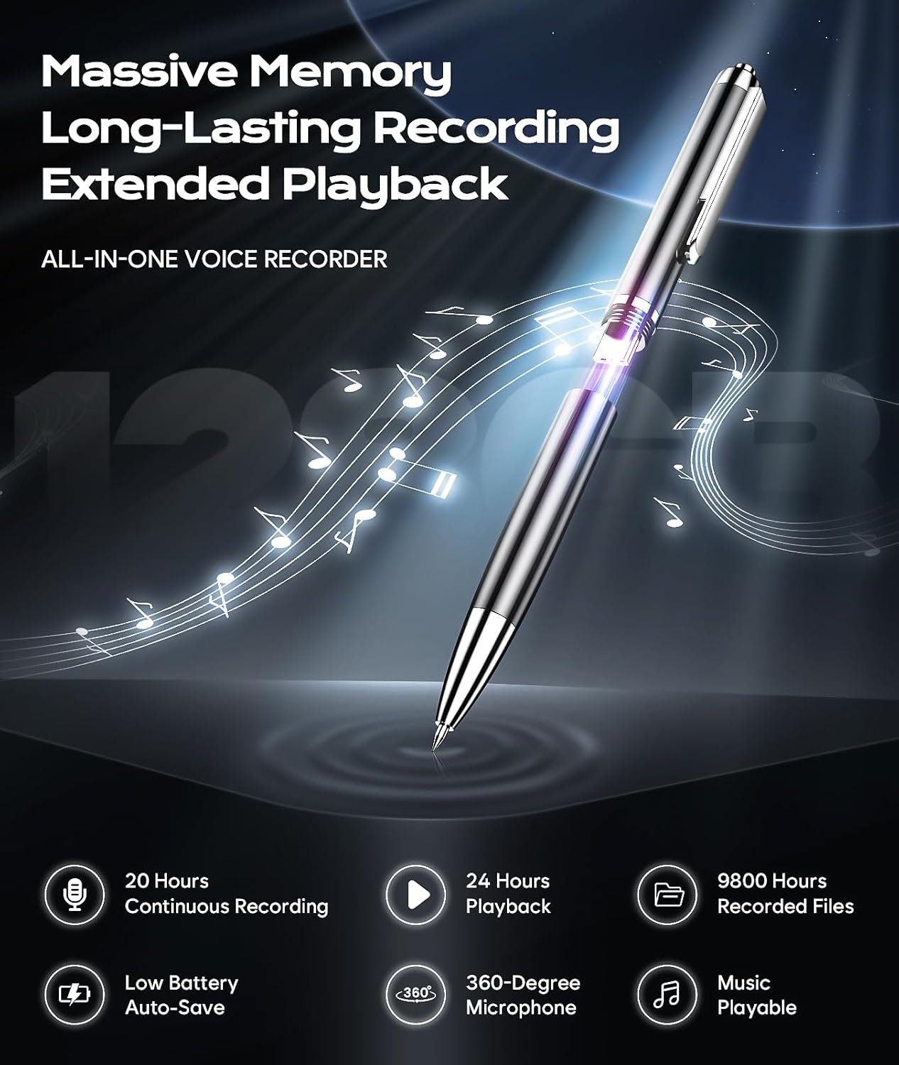 128GB (9800Hrs) Voice Recorder w/Type-C, Audio Recording Device with AI-Intelligent Noise Reduction, Digital Voice Activated Recorder 180 Days Storage Capacity for Lectures, Class, Work, Interviews