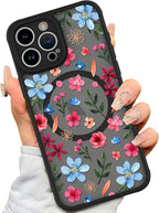 AIGOMARA Magnetic Case for iPhone 15 Pro Max [Compatible with MagSafe] Cute Pink Blue Flower Floral Pattern Soft TPU Bumper Hard PC Back Anti-Fall Shockproof Protective Slim Cover for Women Girls