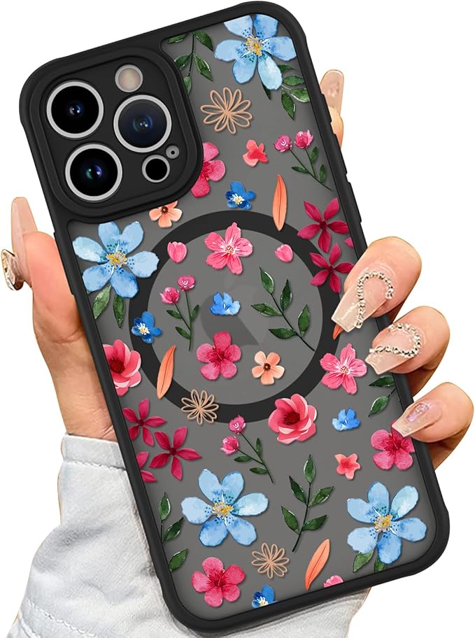 AIGOMARA Magnetic Case for iPhone 15 Pro Max [Compatible with MagSafe] Cute Pink Blue Flower Floral Pattern Soft TPU Bumper Hard PC Back Anti-Fall Shockproof Protective Slim Cover for Women Girls