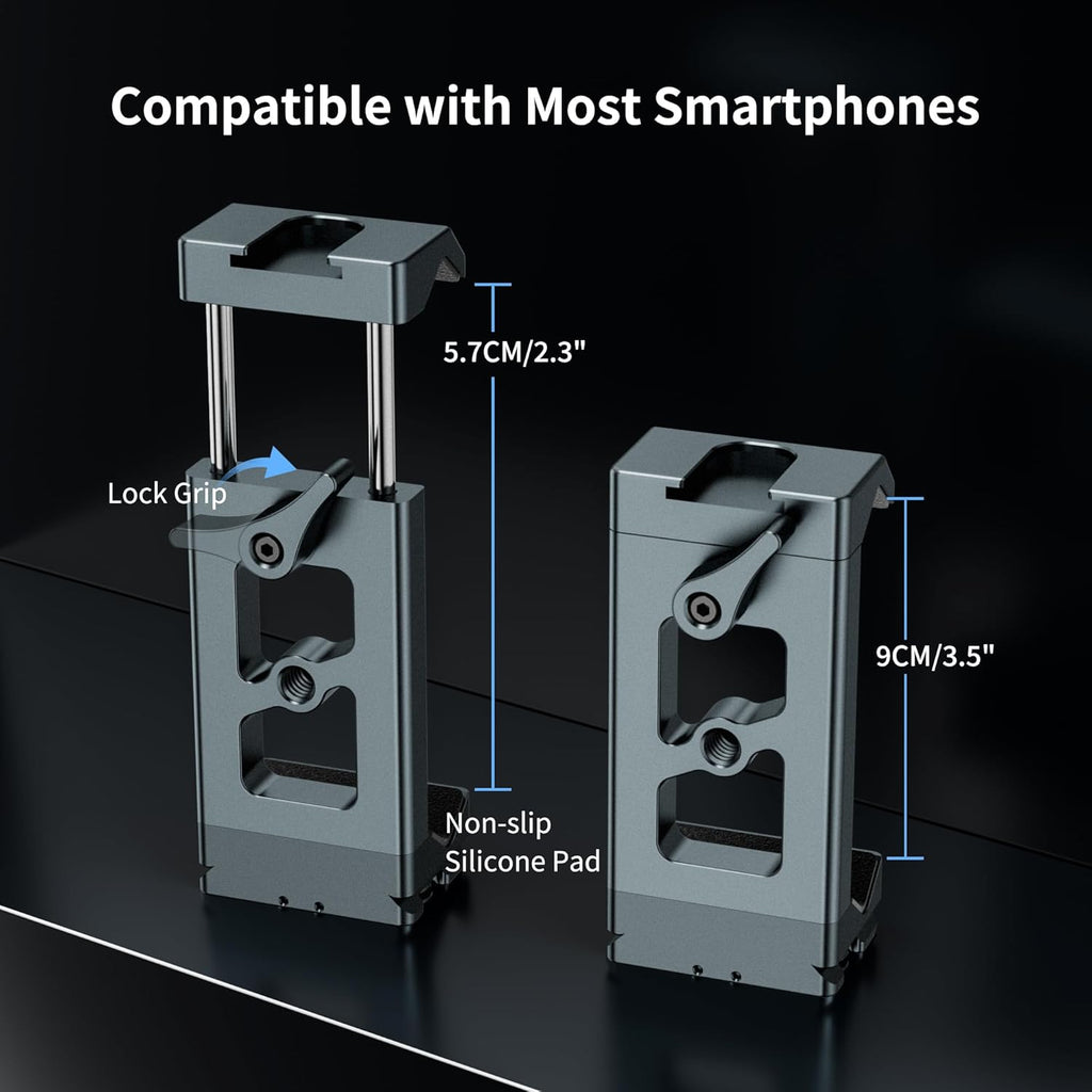 Metal Phone Tripod Mount Arca Port & Action Camera Adapter, Adjustable Smartphone Tripod Adapter Clamp Cell Phone Stand Holder Compatible with iPhone Plus PRO Max GoPro Samsung Galaxy Motorola Pixel
