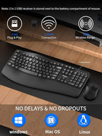Wireless Keyboard and Mouse Combo,2.4G Full Size Wave Keys Ergonomic Keyboard with Wrist Rest for Natural Typing, 3 DPI Adjustable Ergonomic Silent Mouse for Computer/Laptop/Windows/Mac (Black)