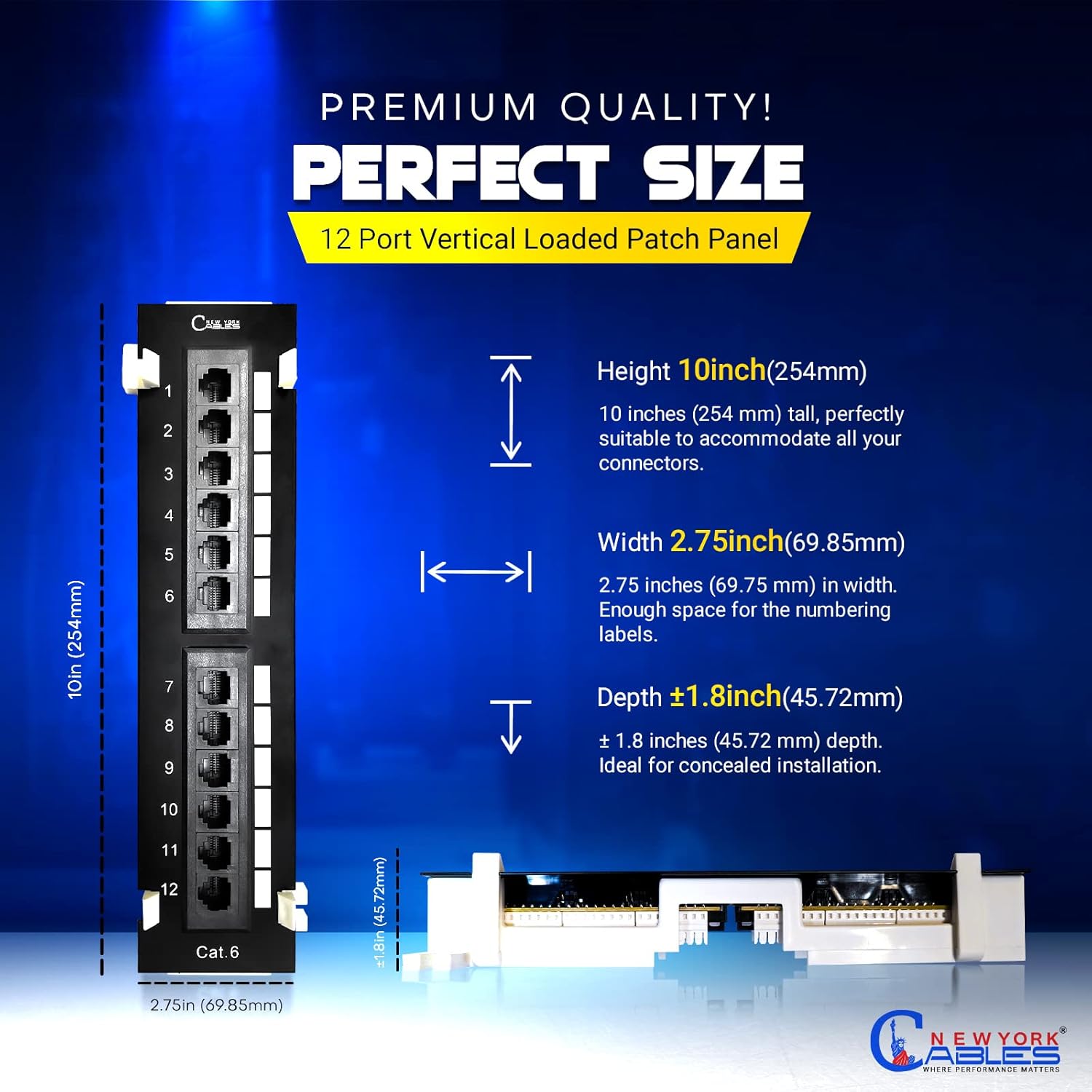 NewYork Cables 12 Port Vertical Cat6 Patch Panel – 10Gb Ethernet, 1U Wall Mount, T568A/B Color-Coded, Unshielded Keystone, 110/Krone Compatible, with Back Bar, Cable Ties & Screws