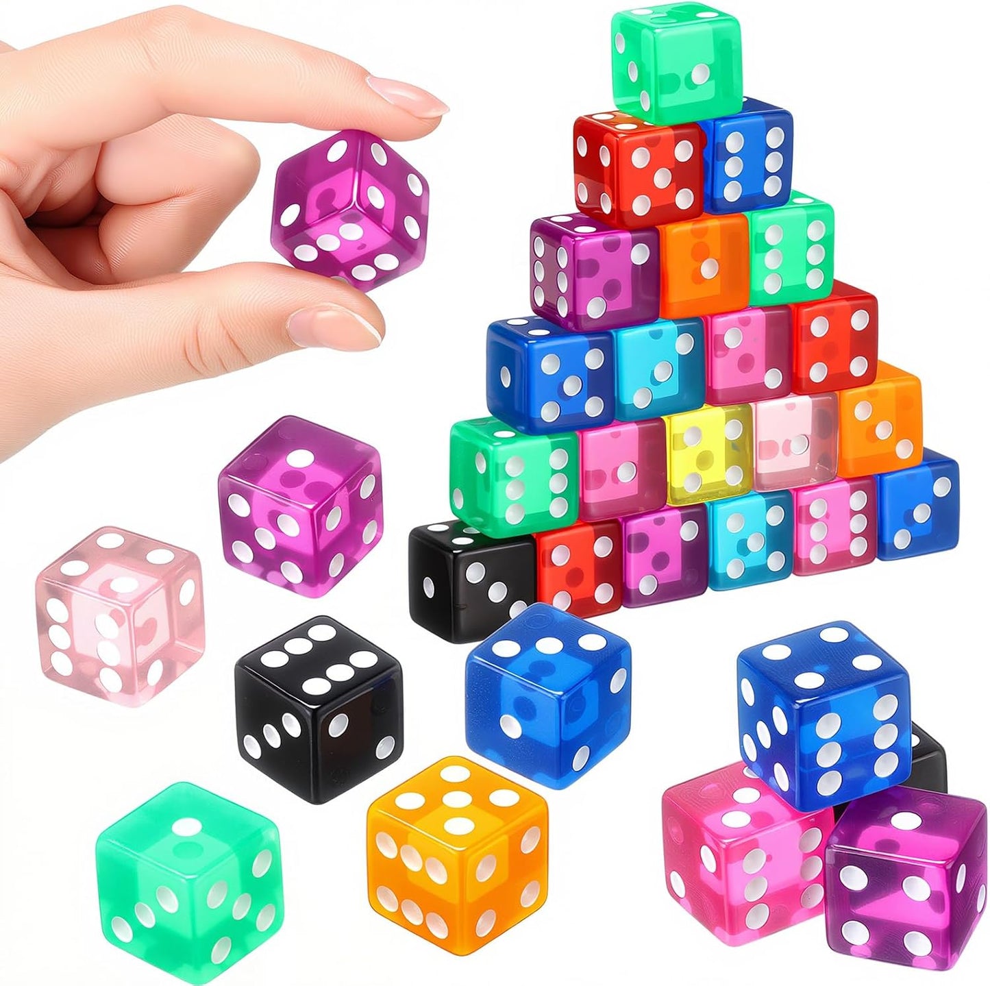 100 Piece 19 mm Casino Style Craps Dice Sets Acrylic and Translucent D6 Dice, Square W/Rounded Edge for Casino, Craps, Table Games and Board Games (Multicolor)